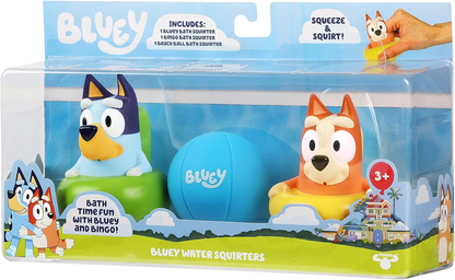 Bluey Brinquedo oficial para esguichos de banho com 3 pacotes com Bluey, Bingo e bola