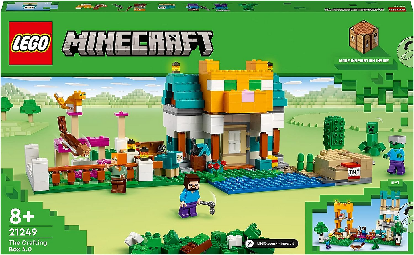 LEGO 21249 Minecraft The Crafting Box 4.0, Playset 2 em 1; Construa River Towers ou Cat Cottage, com Alex, Steve, Creeper e Zombie Mobs Figures, Action Toys for Kids, Boys, Girls