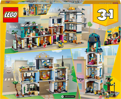 LEGO 31141 Creator 3in1 Main Street para Art Deco Skyscraper ou Market Street Building Set, Building Toy with Model Hotel, Café, Apartments and Shops, Creative Construction Model Kit