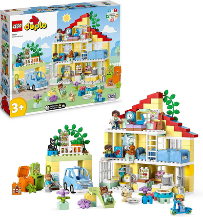 LEGO  10994 DUPLO Town Casa de família 3 em 1, casa de bonecas construída em tijolos com carro Push & Go, 5 figuras, 2 animais e lâmpada de brinquedo iluminada, brinquedos de casinha para crianças, meninas e meninos com mais de 3 anos