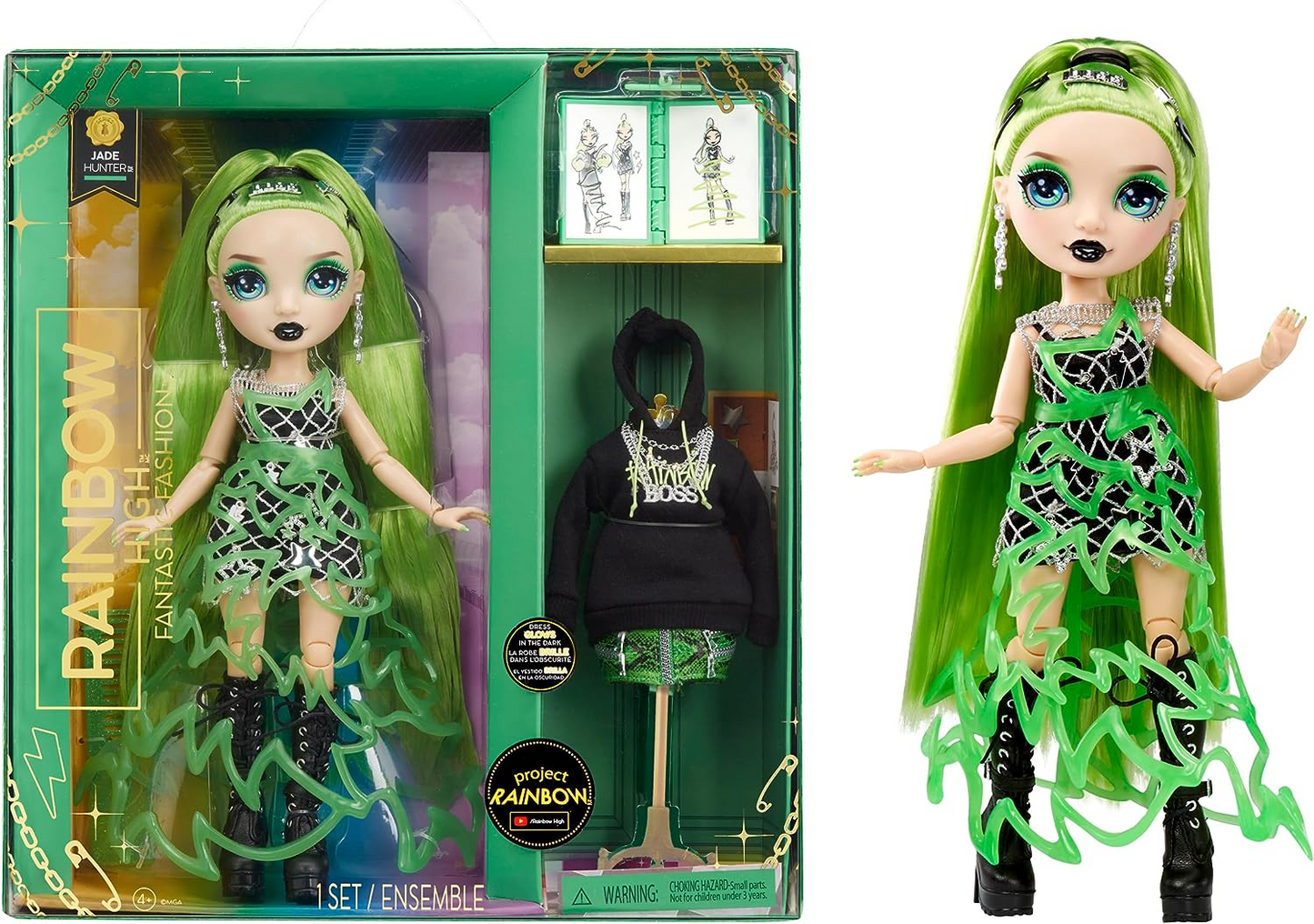 Rainbow High Fantástica boneca fashion - JADE HUNTER - Boneca fashion verde de 11" e playset com 2 roupas e acessórios de moda - Ótimo para crianças de 4 a 12 anos de idade