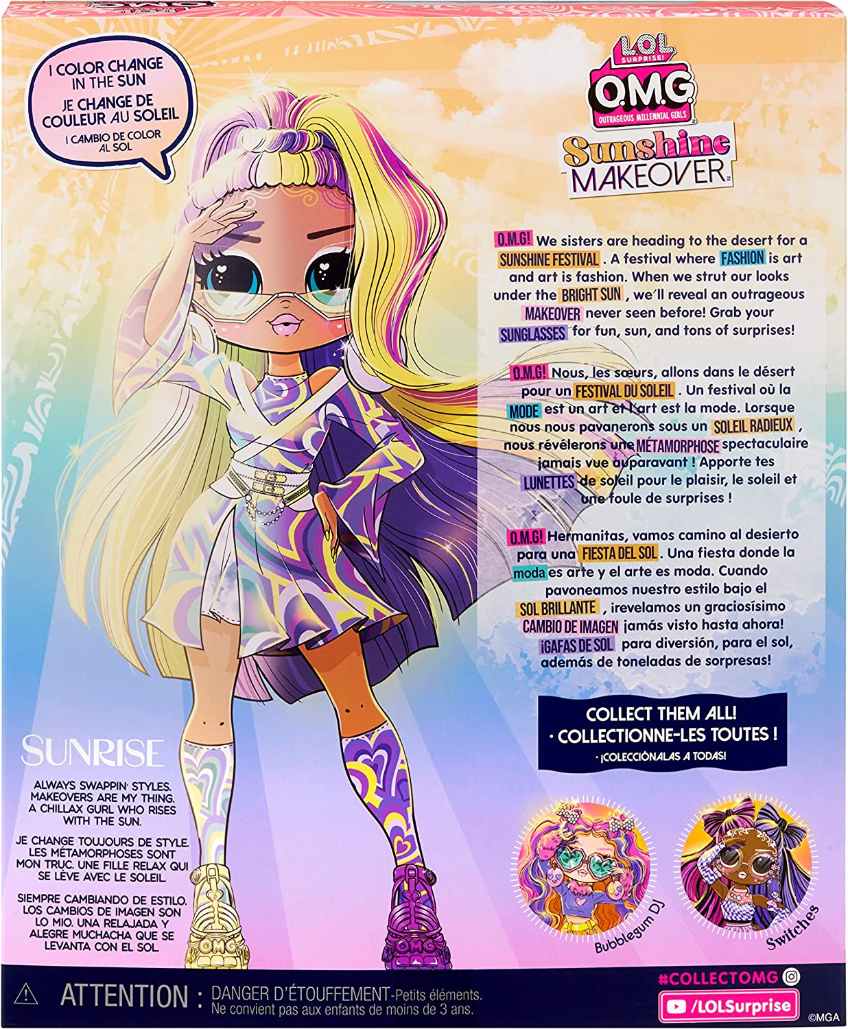 Jajaja ¡Sorpresa! Muñeca de moda OMG Sunshine Makeover - SUNRISE - Cambio de color UV bajo el sol, muchas sorpresas y accesorios fabulosos - Gran regalo para niños de 4 años en adelante