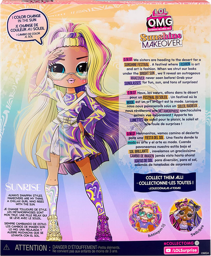 Jajaja ¡Sorpresa! Muñeca de moda OMG Sunshine Makeover - SUNRISE - Cambio de color UV bajo el sol, muchas sorpresas y accesorios fabulosos - Gran regalo para niños de 4 años en adelante