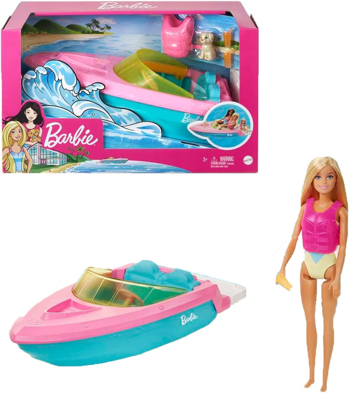 Juego de muñeca Barbie y barco con perro, chaleco salvavidas y accesorios, se adapta a 3 muñecas y flota en el agua, regalo para niños de 3 a 7 años - GRG30