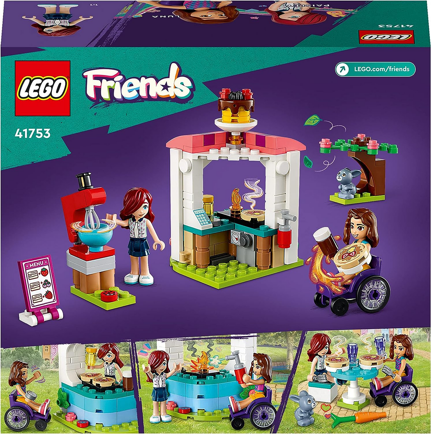 LEGO  41753 Conjunto de café Friends Pancake Shop, brinquedo criativo para meninas, meninos e crianças de 6 anos ou mais com mini bonecas Paisley e Luna, além de boneco de coelhinho, pequeno presente para crianças