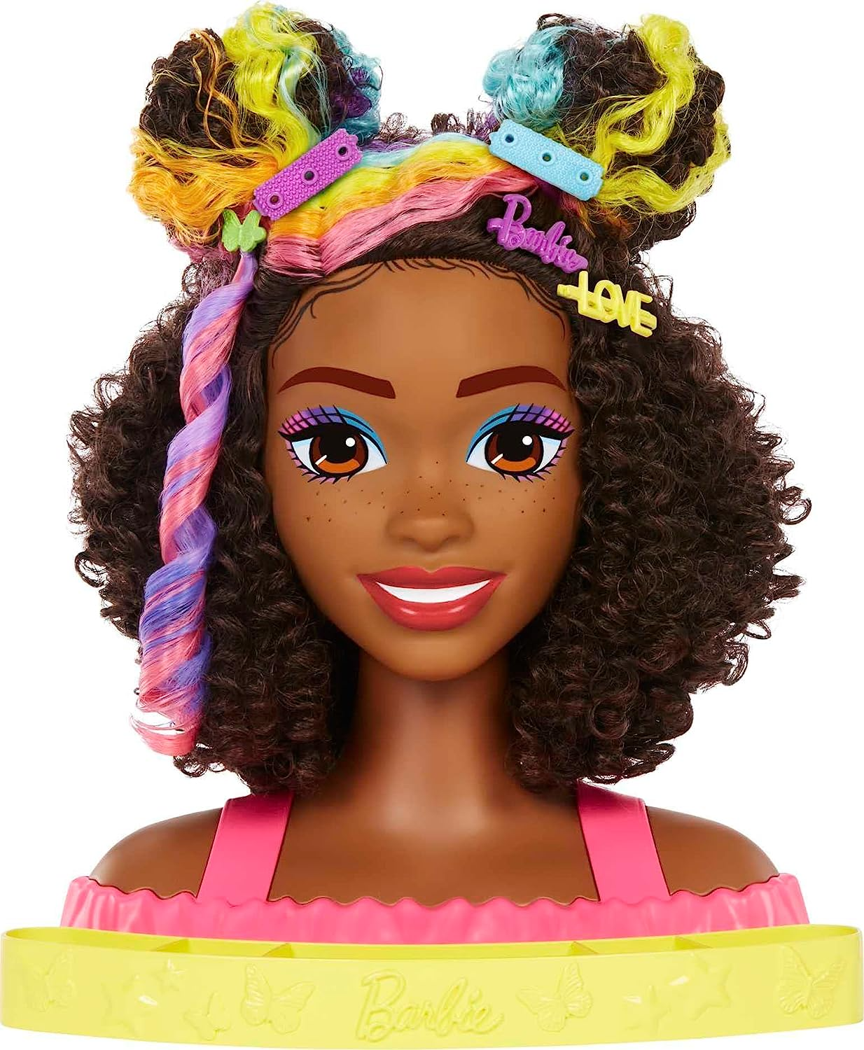 Barbie Deluxe Doll Styling Head, Todo el cabello de Barbie, Cabello recto rubio neón arcoíris, Cabeza de muñeca para peinar el cabello, Accesorios para revelar color, HMD78