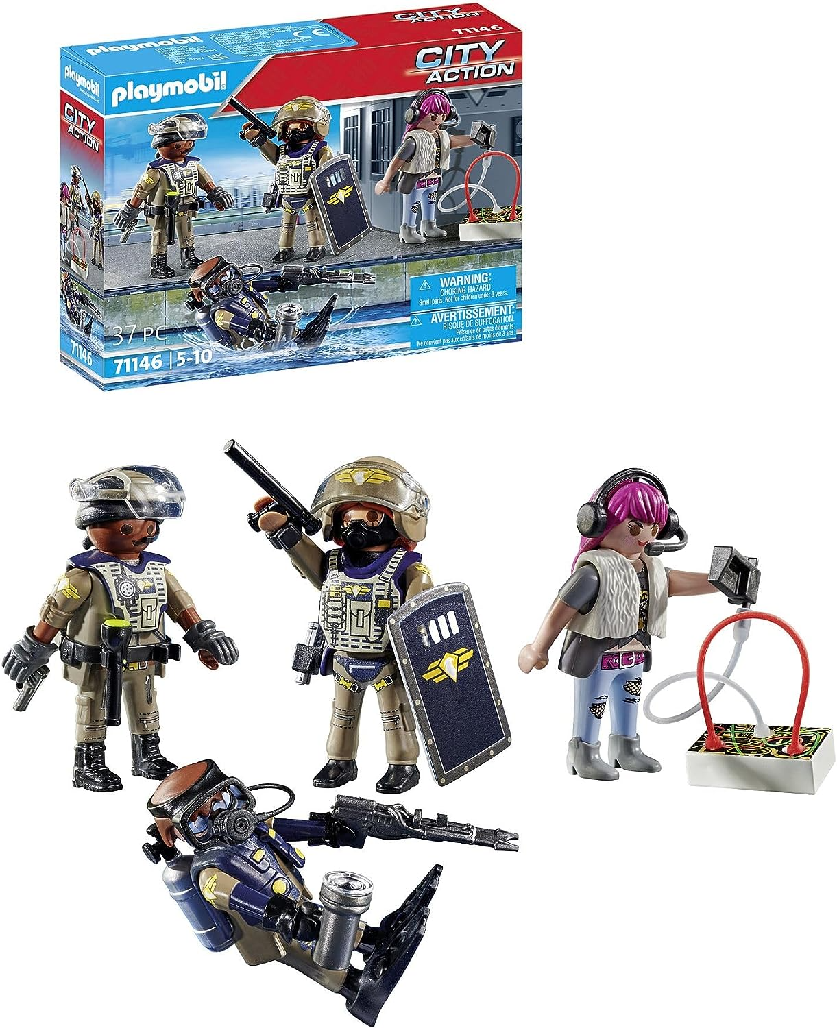 Playmobil  71146 Equipe de Polícia Tática de Ação da Cidade, incluindo mergulhadores da SWAT, uma força-tarefa e um vilão, encenação divertida e imaginativa, conjunto de brinquedos adequado para crianças de 5 anos ou mais