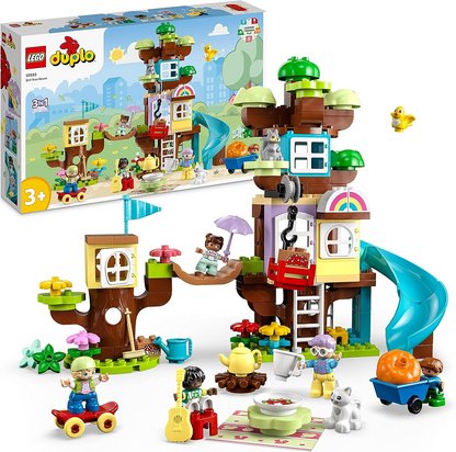 LEGO  10993 DUPLO Casa na árvore 3 em 1, brinquedo de construção para crianças a partir de 3 anos, meninas e meninos com 4 figuras de família, animais, tijolos e um escorregador, atividades de aprendizagem