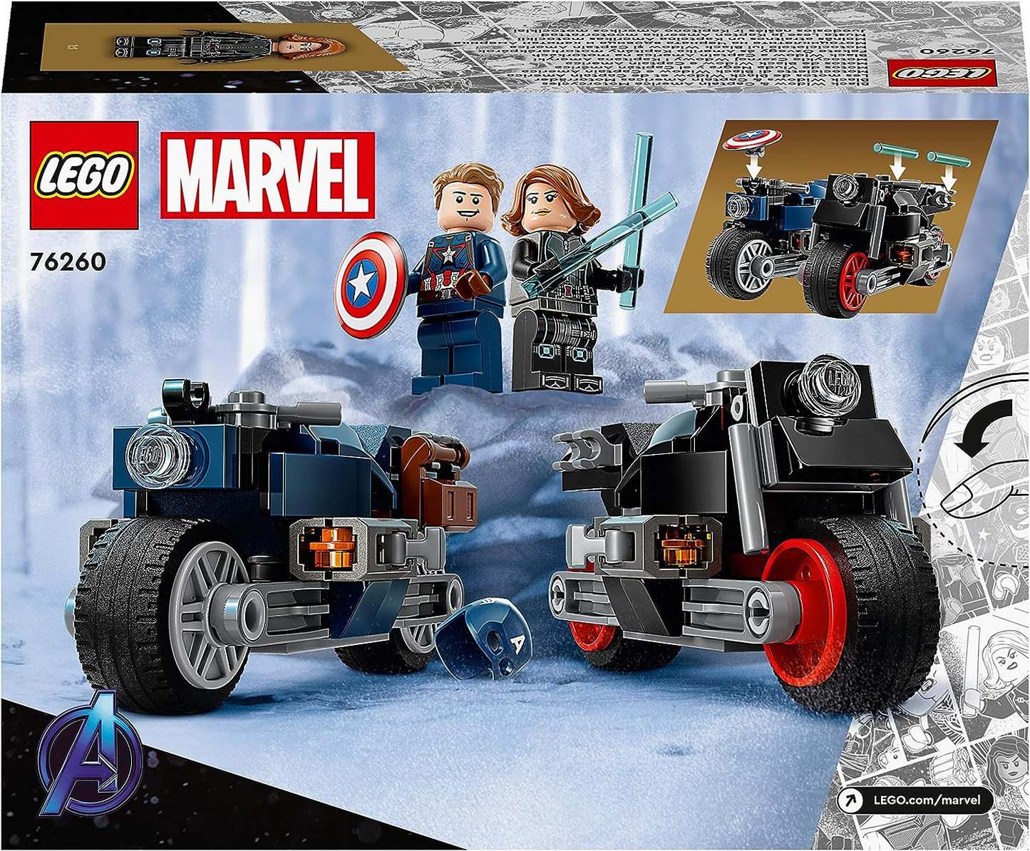 LEGO 76260 Marvel Motos de Viuda Negra y Capitán América, Set de Los Vengadores: La Era de Ultrón con 2 Motos de Superhéroe de juguete para niños, niños y niñas a partir de 6 años