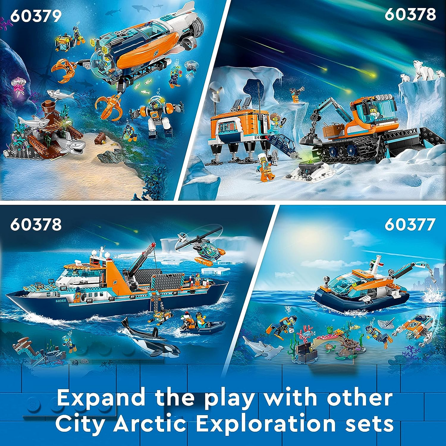 LEGO 60368 City Arctic Explorer Ship, barco de brinquedo grande que flutua com um helicóptero, bote, submarino, naufrágio viking, 7 minifiguras e uma figura de orca, presente para crianças de 7 anos ou mais, meninos, meninas