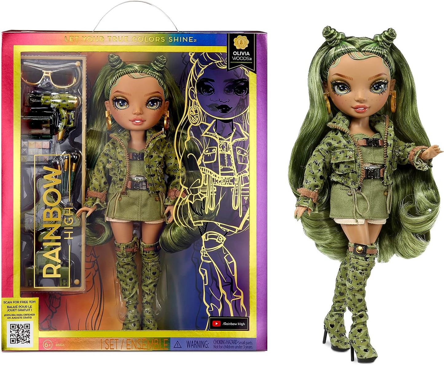 Rainbow High Boneca da moda - OLIVIA WOODS - Boneca verde camuflada - roupa da moda e mais de 10 acessórios coloridos para brincar - para colecionadores e crianças de 4 a 12 anos