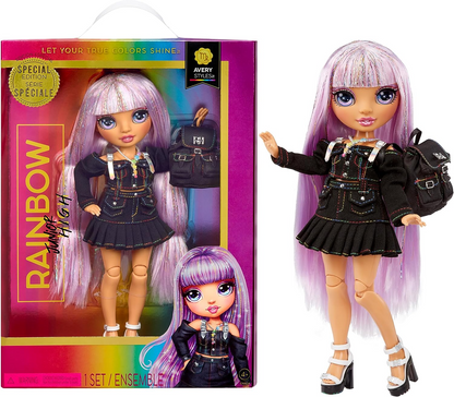 Rainbow Junior High  Edição especial - AVERY STYLES - Boneca fashion ajustável de cabelo arco-íris brilhante de 9"/22,86 cm com acessórios e mochila macia aberta/fechada - Ótimo presente de brinquedo para crianças de 4 a 12 anos