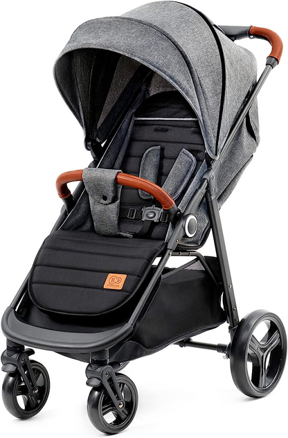 Kinderkraft GRANDE PLUS Carrinho de passeio para crianças desde o nascimento até 22 kg, capota extra grande, posição horizontal, dobrável com uma mão, absorção de choque em todas as rodas, cinza