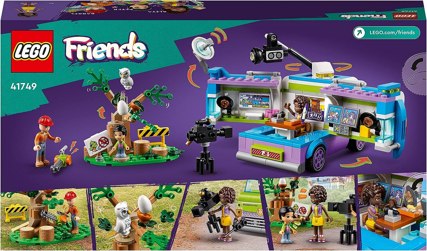 LEGO  41749 Friends Newsroom Van, Animal Rescue Playset, Finja filmar e reportar notícias com caminhão de brinquedo, figura de coruja e miniboneca Aliya, presente para meninas, meninos e crianças de 6 anos ou mais