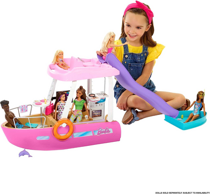 Barbie   Barco com piscina e toboágua, Dream Boat Playset inclui mais de 20 peças como golfinhos e acessórios, HJV37