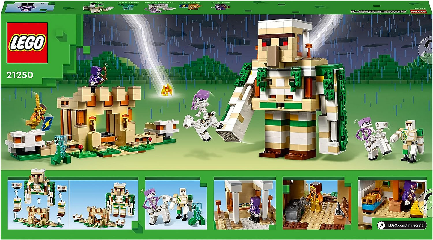 LEGO  21250 Minecraft A Fortaleza do Golem de Ferro, brinquedo de castelo montável que se transforma em uma figura grande, com 7 personagens incluídos. Crystal Knight, Skeleton Horsemen e um Charged Creeper