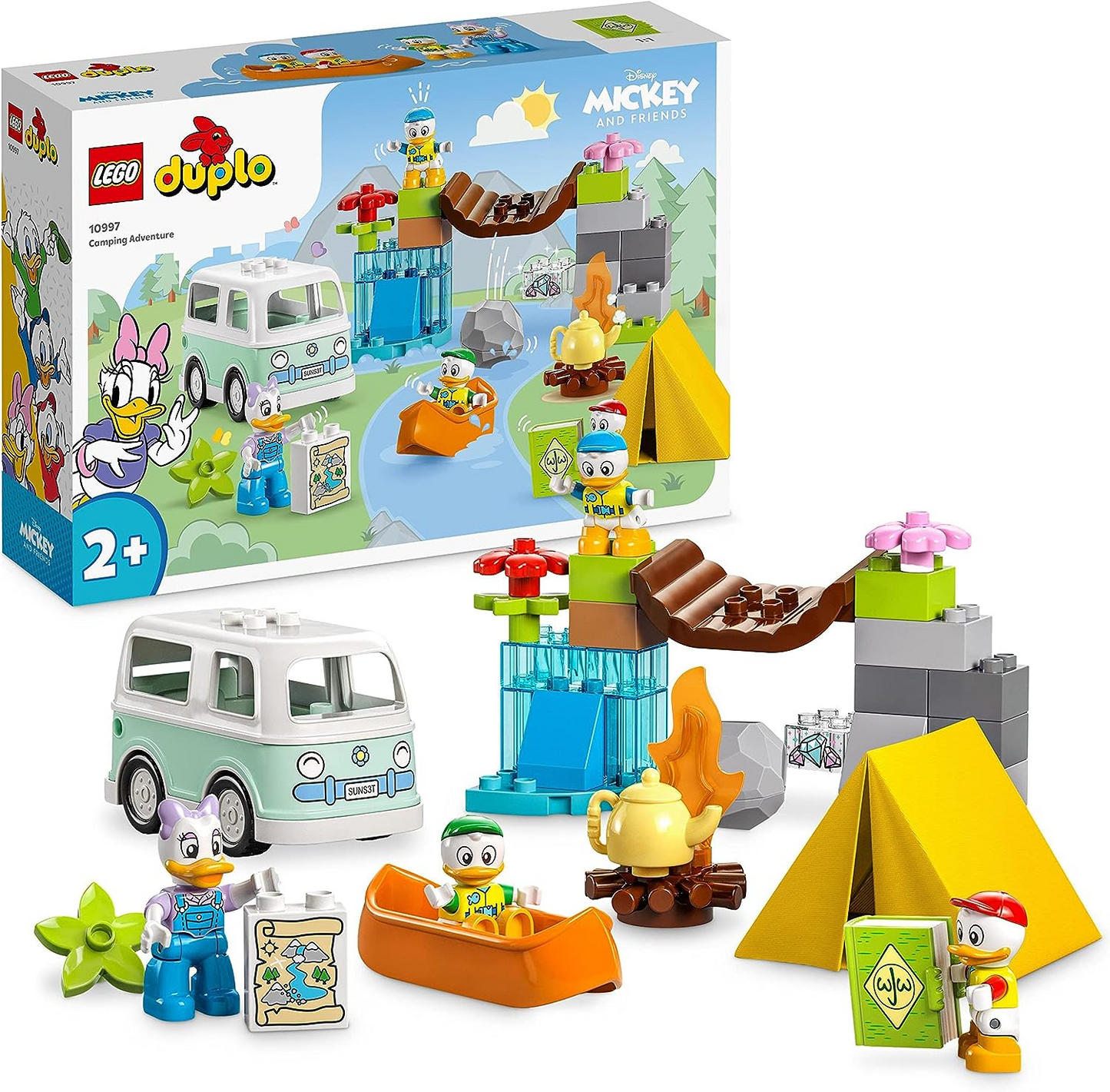 LEGO 10997 DUPLO Disney Mickey e amigos conjunto de aventura de acampamento com brinquedo de carro campervan, canoa e figura de margarida, presente para crianças de 2 anos ou mais, meninas, meninos