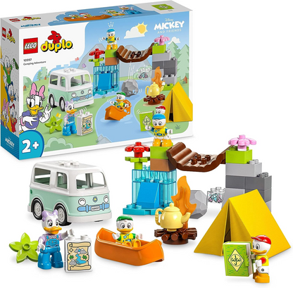 LEGO 10997 DUPLO Disney Mickey e amigos conjunto de aventura de acampamento com brinquedo de carro campervan, canoa e figura de margarida, presente para crianças de 2 anos ou mais, meninas, meninos