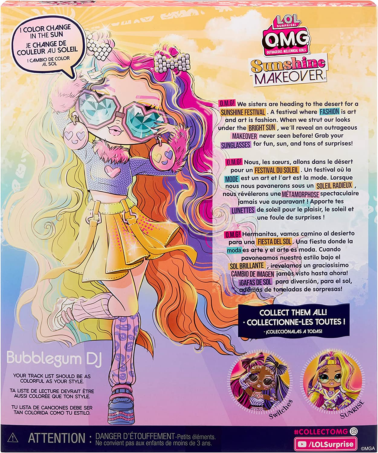 L.O.L. Surprise!   Boneca da moda OMG Sunshine Makeover - BUBBLEGUM DJ - Inclui mudança de cor UV ao sol, várias surpresas e acessórios fabulosos - Ótimo presente para crianças de 4 anos ou mais