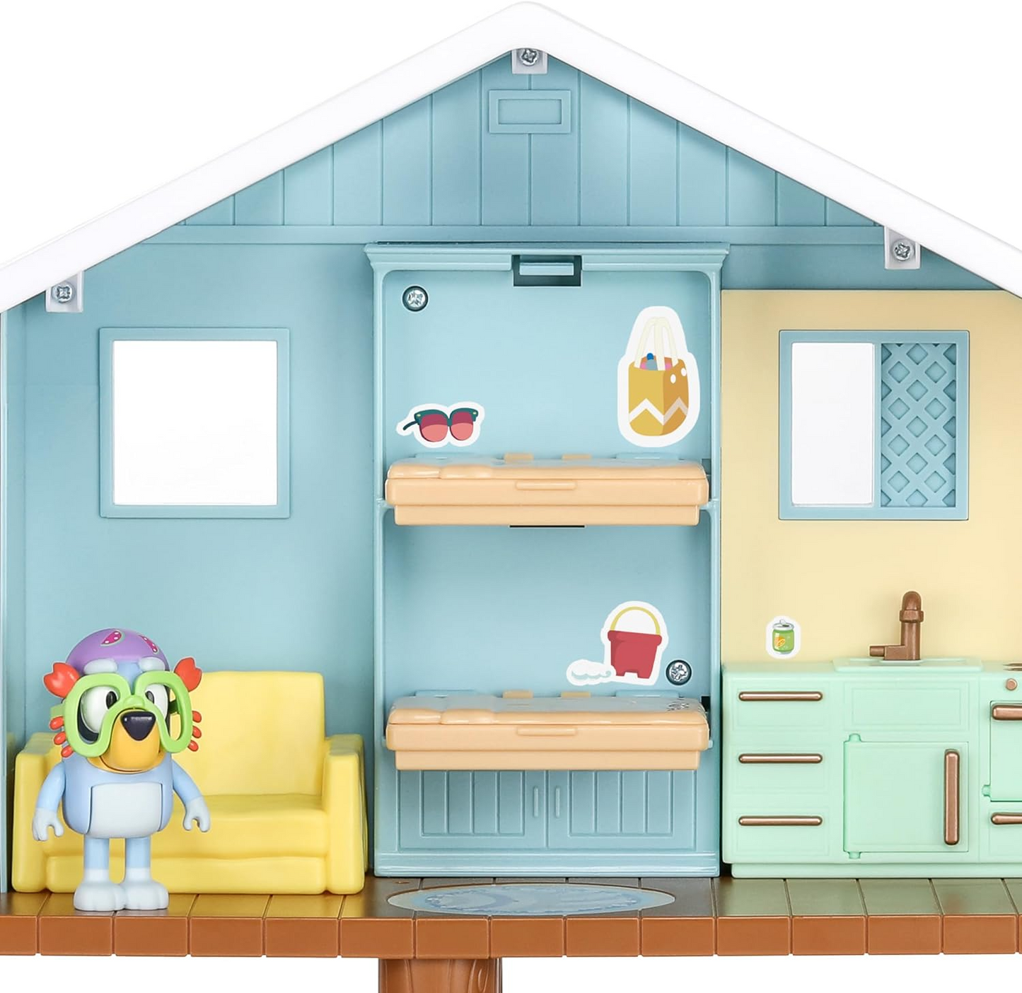 Bluey Playset de cabana de praia, com figura exclusiva de Bluey com óculos de proteção. Inclui 10 peças de jogo e folha de adesivos