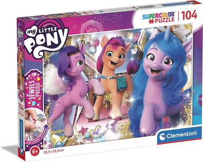 Clementoni 20345 Joias My Little Pony 104pzs Quebra-cabeça Supercolor Pony-104 peças-quebra-cabeça para crianças de 6 anos, multicolorido, M