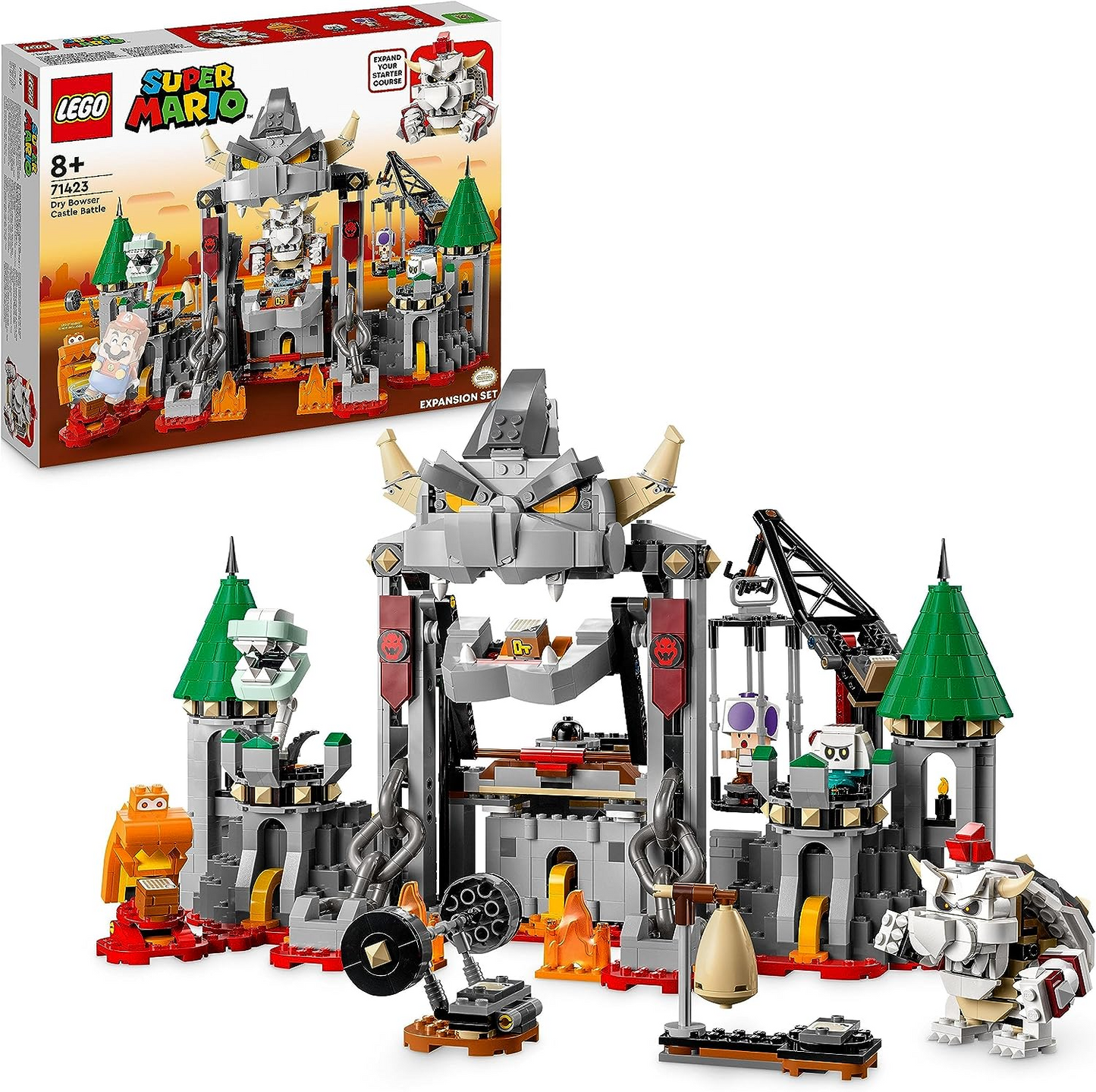 LEGO 71423 Super Mario Dry Bowser Castle Battle Expansion Set com 5 personagens, incluindo Purple Toad, Bone Piranha Plant e Goomba Figures, brinquedo montável para crianças, meninos, meninas com mais de 8 anos