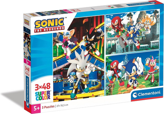 Clementoni  25280 Sonic Supercolor Sonic quebra-cabeça de 3 x 48 peças para crianças de 4 anos, multicolorido, tamanho único