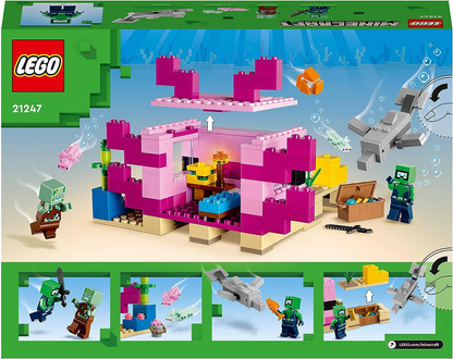 LEGO 21247 Minecraft The Axolotl House Set, base subaquática montável com Diver Explorer, figuras de zumbis e golfinhos e baiacu, brinquedos de aventura para crianças, meninas, meninos com mais de 7 anos