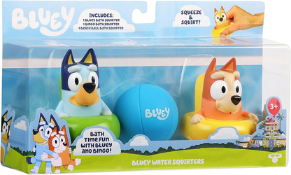 Bluey Brinquedo oficial para esguichos de banho com 3 pacotes com Bluey, Bingo e bola