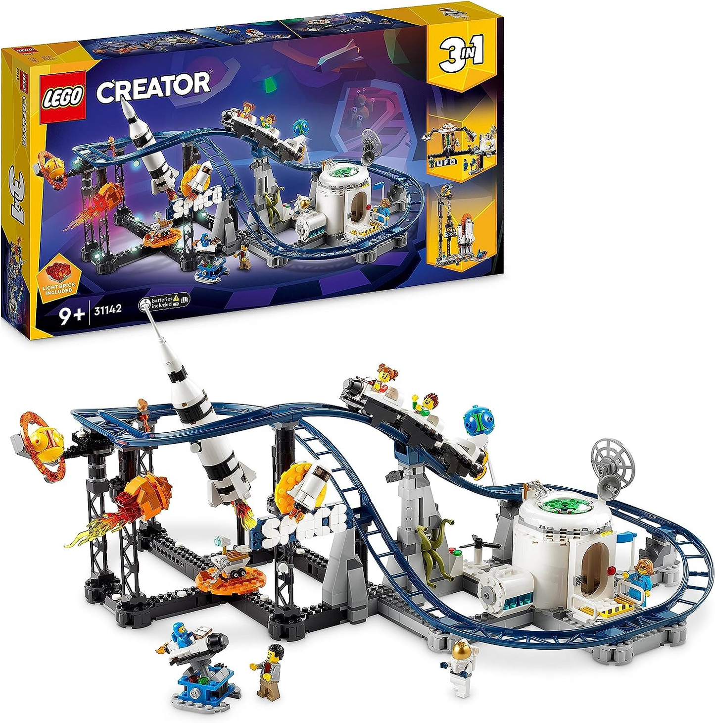 LEGO 31142 Creator 3in1 Space Roller Coaster to Drop Tower ou Merry-Go-Round Set, modelo de parque de diversões, brinquedo de construção com foguete espacial, planetas e tijolos iluminados