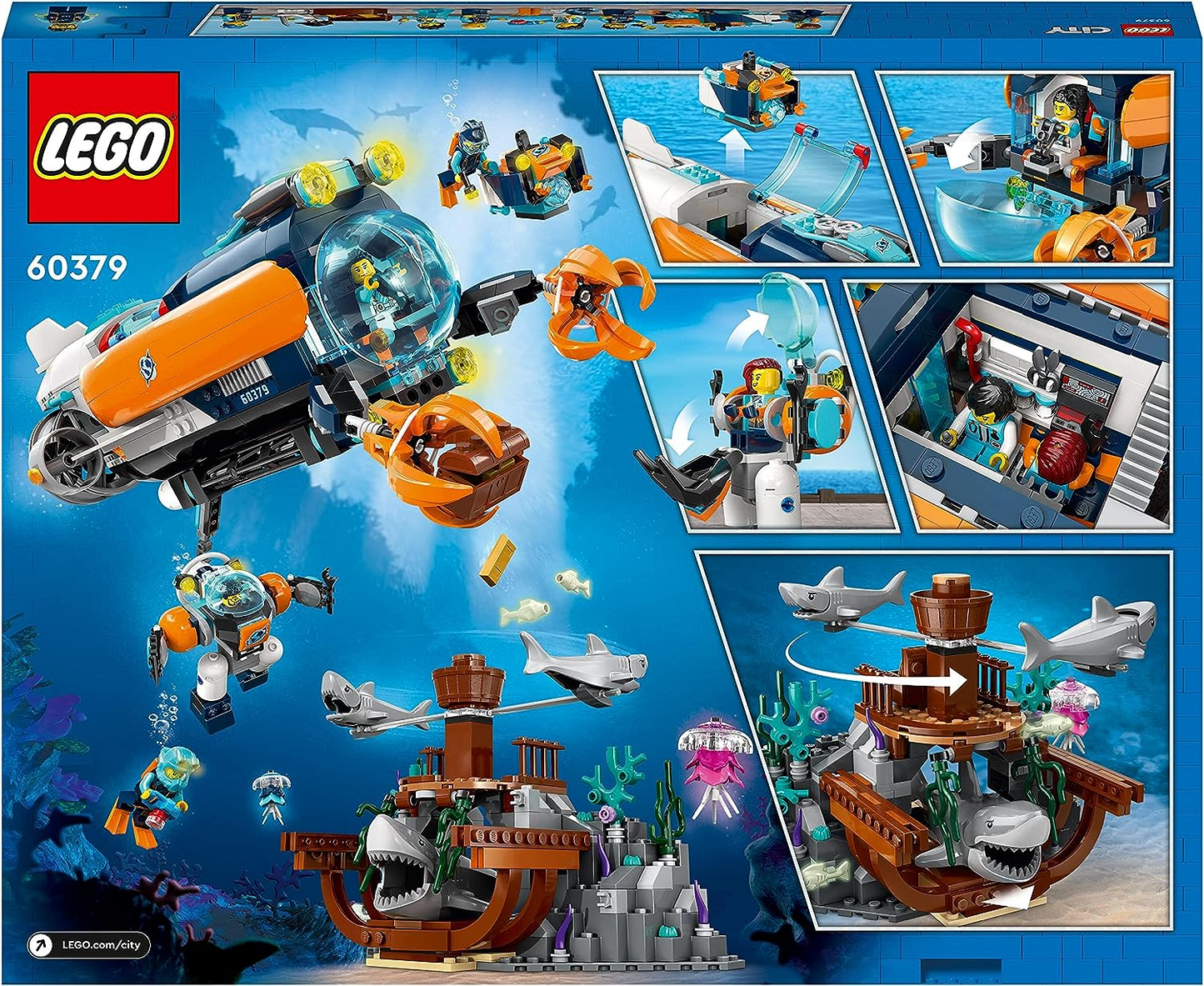 LEGO  60379 Brinquedo Submarino City Deep-Sea Explorer, Conjunto Oceano Subaquático com Drone, Figuras de Tubarão, Naufrágio e Minifiguras de Mergulhador, Presente de Aniversário para Crianças, Meninos e Meninas com mais de 7 anos