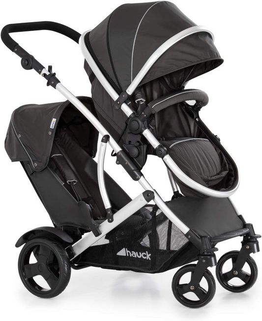 Hauck Duett 2 Cochecito Doble, Bebé y Niño Pequeño, Asiento Convertible Reversible para Cochecito Recién Nacido, Altura Regulable, Capota para el Sol, Funda para Lluvia Incluida, Plegable, hasta 36 kg (Selva Negra)