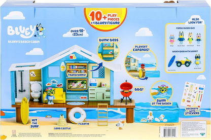 Bluey Playset de cabana de praia, com figura exclusiva de Bluey com óculos de proteção. Inclui 10 peças de jogo e folha de adesivos