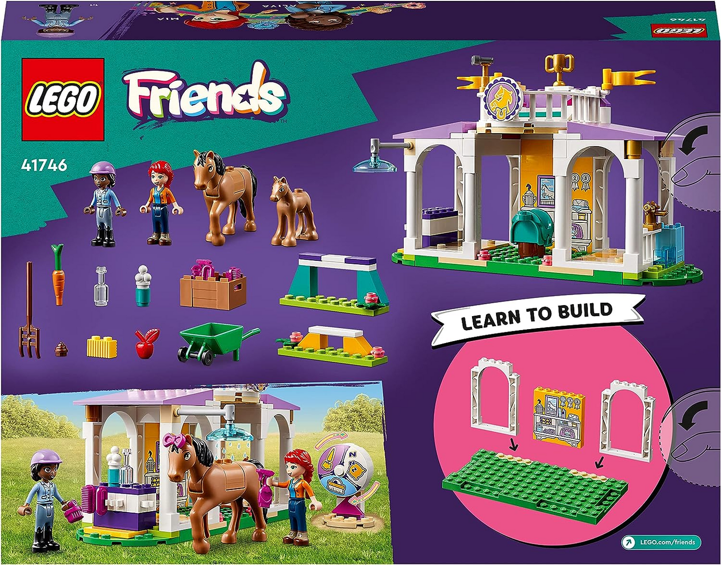 LEGO 41746 Conjunto de estábulos para pôneis de treinamento de cavalos Friends com 2 cavalos de brinquedo, minibonecas Aliya e Mia, presente para cuidar de animais para crianças, meninas e meninos com mais de 4 anos