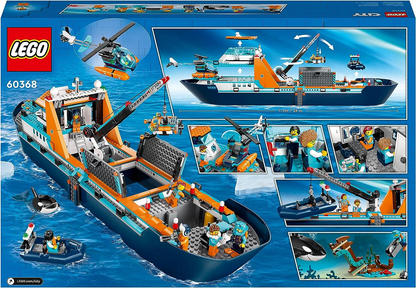 LEGO 60368 City Arctic Explorer Ship, barco de brinquedo grande que flutua com um helicóptero, bote, submarino, naufrágio viking, 7 minifiguras e uma figura de orca, presente para crianças de 7 anos ou mais, meninos, meninas