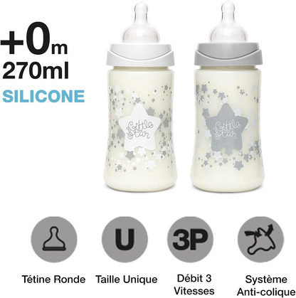 SUAVINEX Conjunto para recém-nascidos, 2 mamadeiras 270 ml + mamadeira 150 ml + biberão 150 ml com pegas + chupeta fisiológica -2-4 meses com tetina de silicone, cor: branco