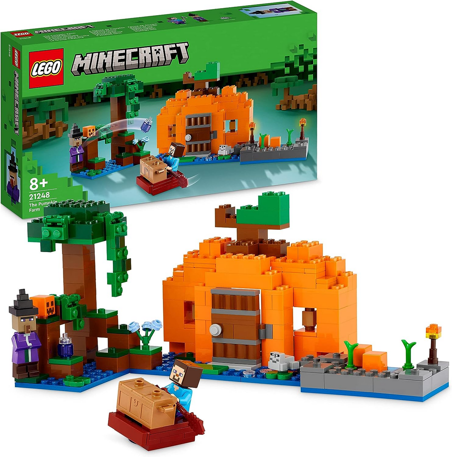 LEGO 21248 Minecraft The Pumpkin Farm Set, casa de brinquedo montável com sapo, barco, baú do tesouro e figuras de Steve e bruxa, brinquedos de ação do bioma do pântano, presente para crianças, meninos, meninas