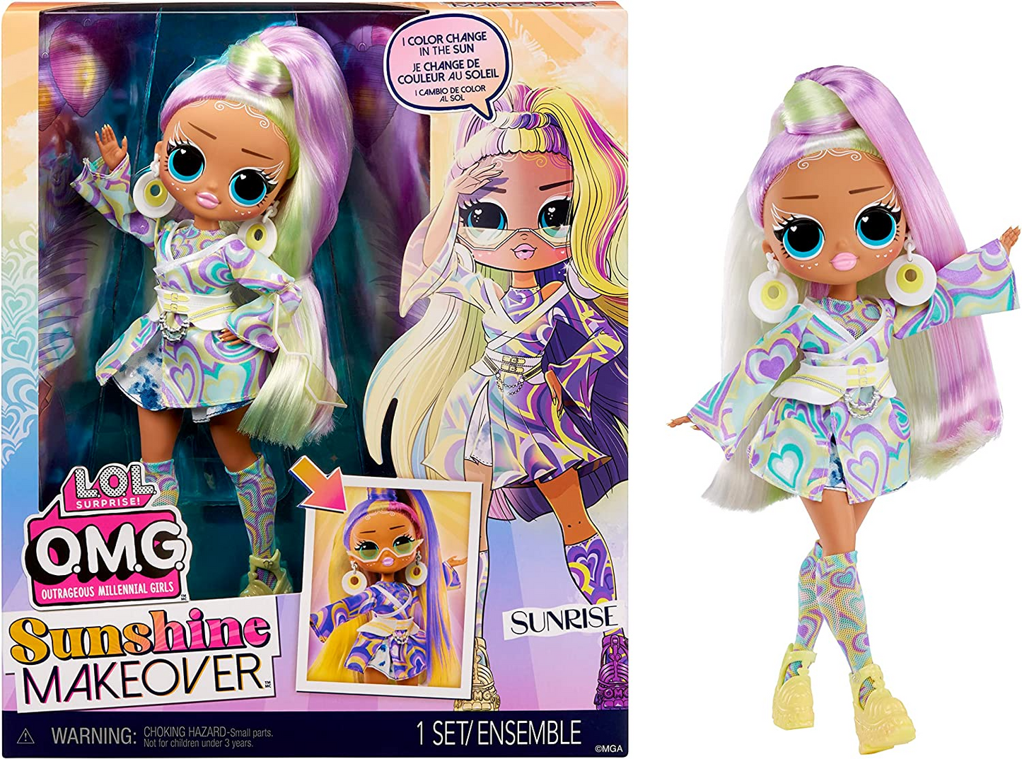 Jajaja ¡Sorpresa! Muñeca de moda OMG Sunshine Makeover - SUNRISE - Cambio de color UV bajo el sol, muchas sorpresas y accesorios fabulosos - Gran regalo para niños de 4 años en adelante