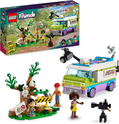 LEGO  41749 Friends Newsroom Van, Animal Rescue Playset, Finja filmar e reportar notícias com caminhão de brinquedo, figura de coruja e miniboneca Aliya, presente para meninas, meninos e crianças de 6 anos ou mais