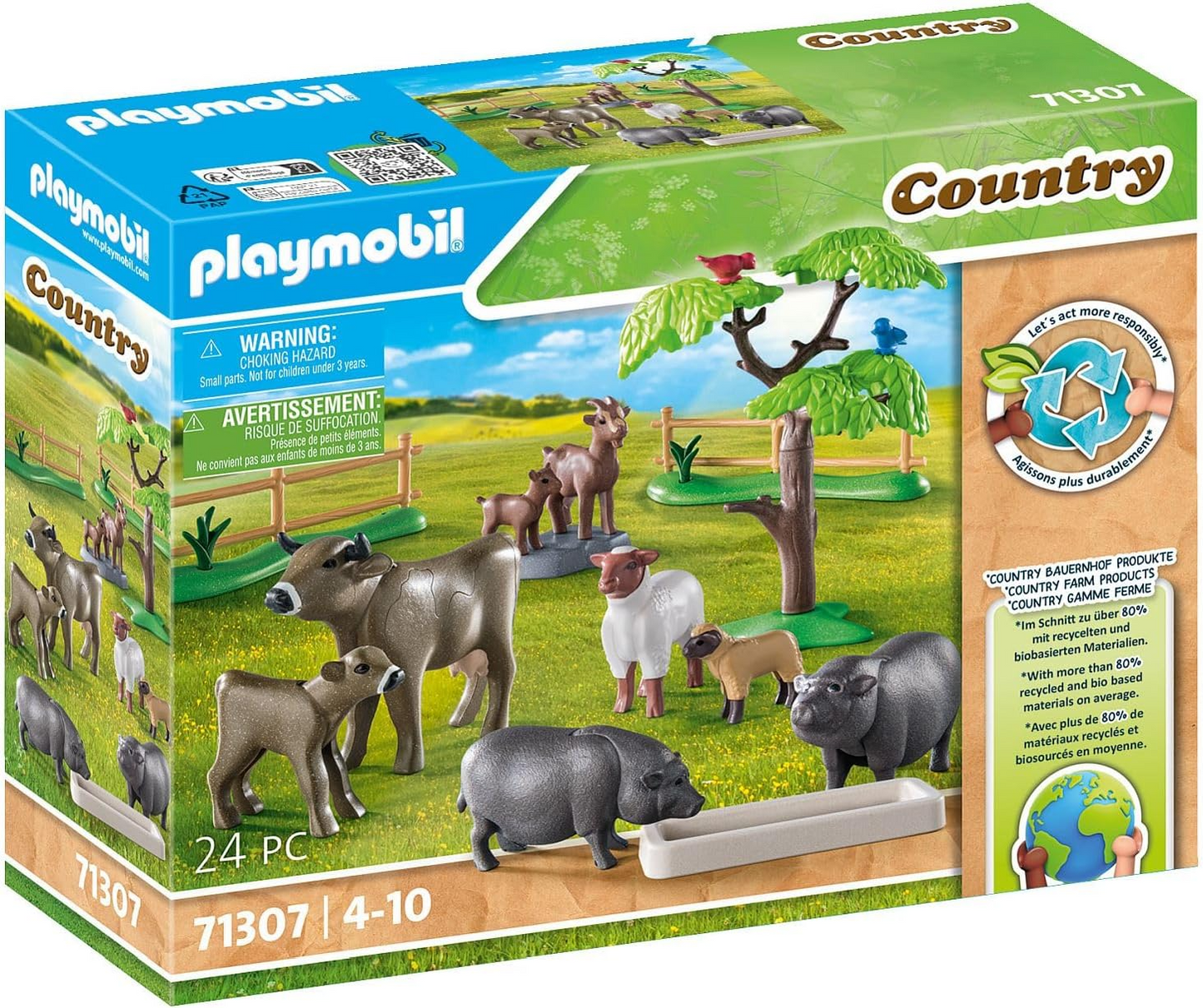 Playmobil  71307 Conjunto de animais rurais com paddock, com animais de fazenda cuidadosamente projetados, como vacas, cabras, ovelhas e porcos barrigudos, dramatizações divertidas e imaginativas, conjuntos de jogos adequados para crianças de 4 anos ou