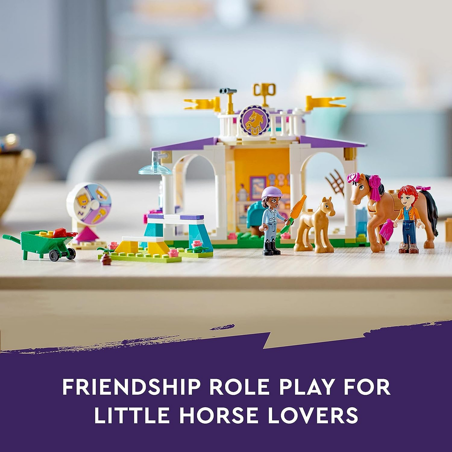 LEGO 41746 Conjunto de estábulos para pôneis de treinamento de cavalos Friends com 2 cavalos de brinquedo, minibonecas Aliya e Mia, presente para cuidar de animais para crianças, meninas e meninos com mais de 4 anos