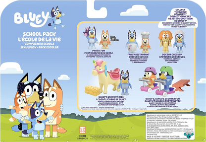 Bluey Pacote de 4 colegas de escola; Figuras de ação colecionáveis oficiais do Bluey de 2,5 a 3 polegadas, incluindo Jack, Pretzel e Mackenzie com seus próprios acessórios para lancheira