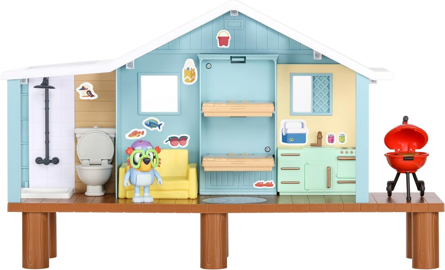 Bluey Playset de cabana de praia, com figura exclusiva de Bluey com óculos de proteção. Inclui 10 peças de jogo e folha de adesivos