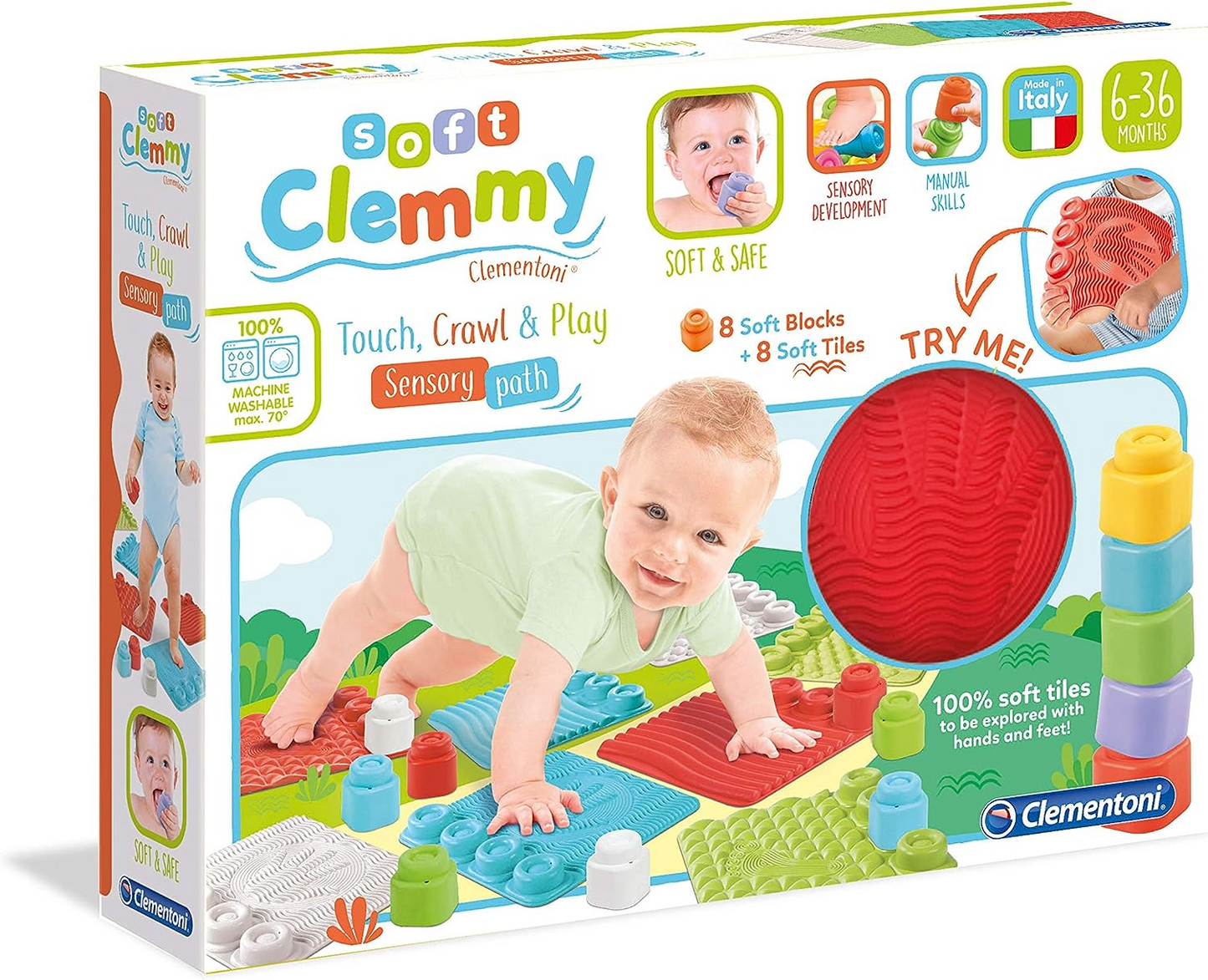 Clementoni 17689 Pelota sensorial Pelota Touch &amp; Play - con 5 Clemmy, bloques de construcción suaves para niños pequeños de 6 meses, lavable, fabricado en Italia, individual, multicolor, M