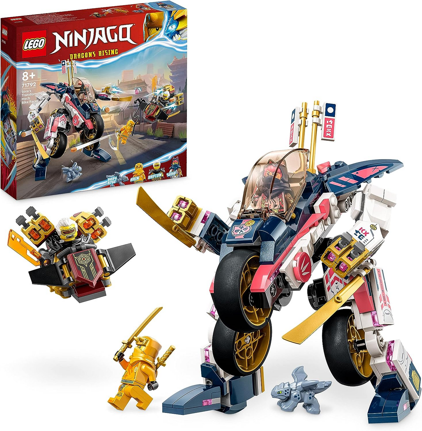 LEGO  71792 NINJAGO Sora's Transforming Mech Bike Racer, conjunto 2 em 1 com figura de ação Mech transformadora em brinquedo de motocicleta Ninja para crianças, meninos, meninas, mais 3 minifiguras