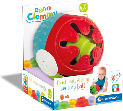 Clementoni 17689 Pelota sensorial Pelota Touch &amp; Play - con 5 Clemmy, bloques de construcción suaves para niños pequeños de 6 meses, lavable, fabricado en Italia, individual, multicolor, M