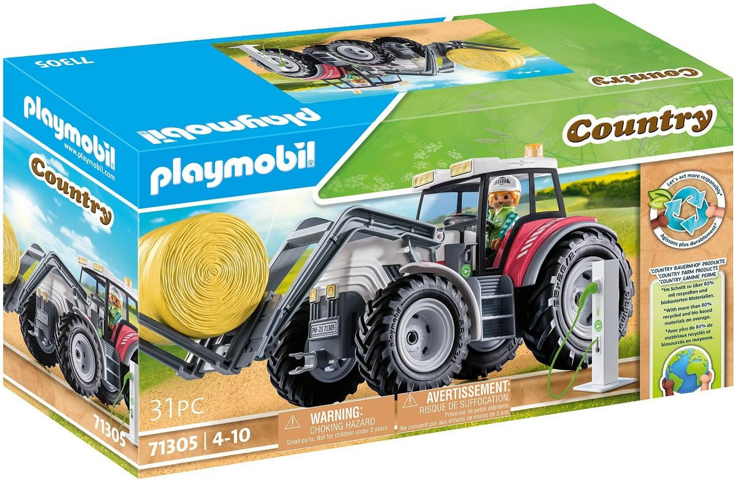 Playmobil Trator elétrico grande 71305 Country, um trator elétrico com teto que pode ser aberto e estação de carregamento eletrônico, dramatização divertida e imaginativa, conjuntos de jogos adequados para crianças de 4 anos ou mais