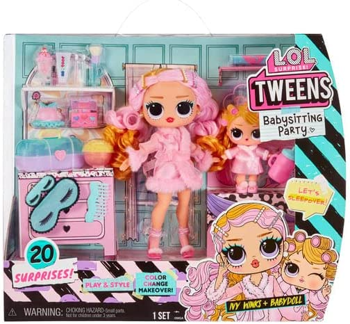 Jajaja ¡Sorpresa! Fiesta de pijamas con niñera preadolescente - IVY WINKS &amp; BABYDOLL - Caja abierta con 20 sorpresas - Incluye 2 muñecas con funciones de cambio de color - Apto para niños de 4 años en adelante