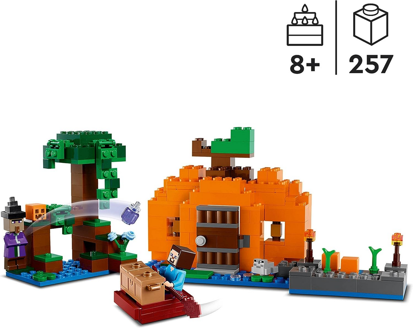 LEGO 21248 Minecraft The Pumpkin Farm Set, casa de brinquedo montável com sapo, barco, baú do tesouro e figuras de Steve e bruxa, brinquedos de ação do bioma do pântano, presente para crianças, meninos, meninas