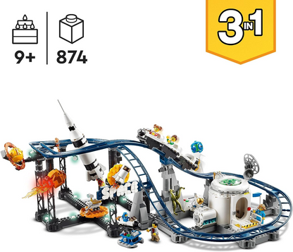 LEGO 31142 Creator 3in1 Space Roller Coaster to Drop Tower ou Merry-Go-Round Set, modelo de parque de diversões, brinquedo de construção com foguete espacial, planetas e tijolos iluminados